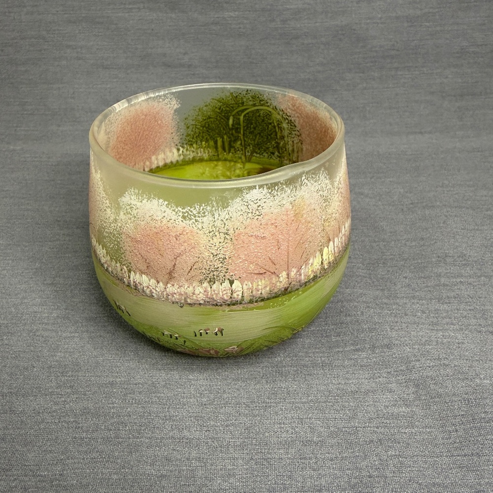 Hand Painted Candle Holder Votive Tealight Tree Garden Trellis Scene Glass